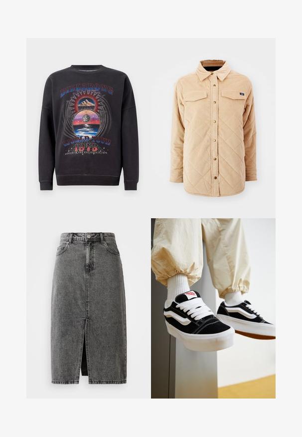 Beige Kordjacke mit einem gesteppte Muster, zwei Brusttaschen, Knopfverschluss und einem kleinen Markenschild auf der linken Brust.; Schwarzer Kapuzenpullover mit einem Grafikdesign, das den Text "BILLABONG WORLD TOUR 1973", Berge und himmlische Elemente in mehreren Farben zeigt.; Hochgeschnittene, ausgebleichte schwarze Denim-Midirock mit vorderem Schlitz, Gürtelschlaufen und klassischem Fünf-Taschen-Design.; Person, die schwarz-weiße Vans-Sneaker mit weißen Schnürsenkeln, weißen Socken und beigen Hosen mit elastischen Bündchen trägt.