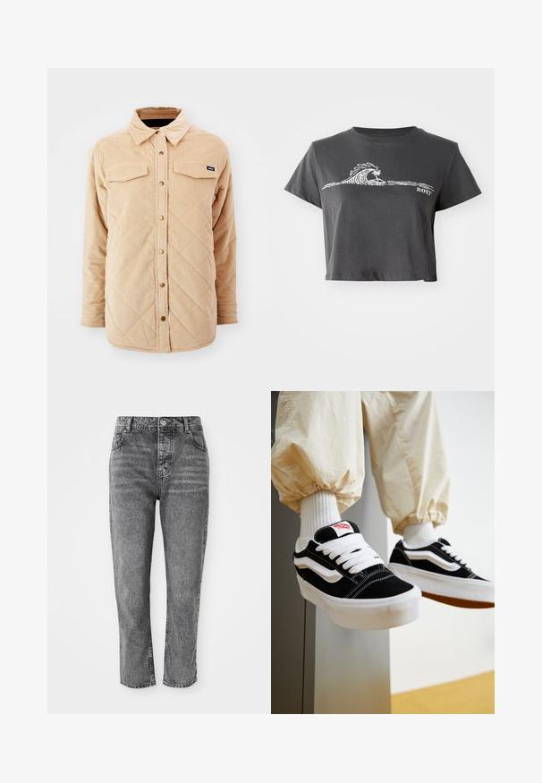 Beige Kordjacke mit einem gesteppte Muster, zwei Brusttaschen, Knopfverschluss und einem kleinen Markenschild auf der linken Brust.; Dunkelgraues, kurzes T-Shirt mit stilisierter Welle, Palmen-Grafik und dem Text "ROXY" auf der Vorderseite.; Graue Jeans aus Denim mit hoher Taille und geradem Bein, ausgestattet mit Fronttaschen und einem kleinen Metallknopfdetail am Bund.; Person, die schwarz-weiße Vans-Sneaker mit weißen Schnürsenkeln, weißen Socken und beigen Hosen mit elastischen Bündchen trägt.