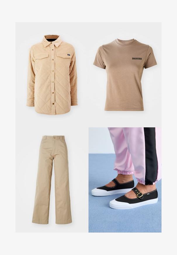 Beige corduroy skjortejakke med quiltet mønster, to brystlommer, knap lukning foran og et lille mærke på venstre bryst.; Brun bomulds t-shirt med korte ærmer og rund hals. Har et sort "DICKIES" logo på venstre brystområde. Glat tekstur.; Beige brede bukser lavet af bomuld, med knaplukning og bælteholder, med en glat tekstur og ren finish.; Sorte lærredssko med en hvid sål, der har et udskæringsdesign og et guldspænde. Bæret med lyserøde træningsbukser.