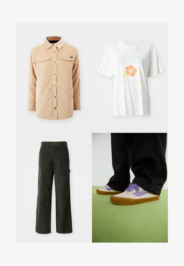 Beige corduroy skjortejakke med quiltet mønster, to brystlommer, knap lukning foran og et lille mærke på venstre bryst.; Hvid bomulds-t-shirt med et grafisk print af tropiske blomster i orange og gule nuancer samt tekst, der læser "SUN KISSED 1990 Roxy."; Mørkegrønne kordfløjspants med løs pasform, lige ben, forlommer og knaplukning. Tekstureret stof med lodrette ribber.; Lyse beige sneakers med lilla accenter, gummisål og flade snørebånd. Båret med sorte bukser, vist på en grøn struktureret overflade.