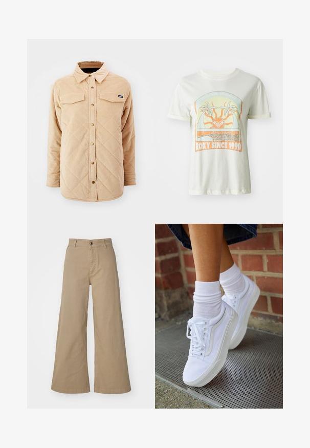 Camisa chaqueta de borlas en color beige con un patrón acolchado, dos bolsillos en el pecho, cierre frontal con botones y una pequeña etiqueta de la marca en el lado izquierdo del pecho.; Camiseta de algodón color crema con un gráfico retro de palmeras, sol y "ROXY SINCE 1990" en acentos naranja y verde azulado. Mangas cortas.; Pantalones de pierna ancha color caqui, fabricados en algodón, con cierre de botón frontal, lazos para cinturón y una textura suave y mate en toda su superficie.; Zapatillas de lona blancas con suelas de goma, que presentan seis ojales, puntera redonda y detalles de costura ligera, combinadas con calcetines blancos hasta el tobillo.