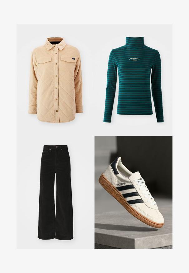 Camisa chaqueta de borlas en color beige con un patrón acolchado, dos bolsillos en el pecho, cierre frontal con botones y una pequeña etiqueta de la marca en el lado izquierdo del pecho.; Top de cuello alto de manga larga en color teal con rayas horizontales en azul oscuro. Presenta un pequeño logo en blanco y dorado en el pecho. Tejido suave y elástico.; Pantalones de pana negros de pierna ancha con una cintura alta, que cuentan con dos bolsillos frontales y un cierre de botón metálico. Tejido texturizado con estrías verticales.; Zapatilla de ante blanca con franjas en azul marino, suela de goma, parte superior texturizada, puntera redonda y cordones; presenta una marca en el lateral y en la lengüeta.