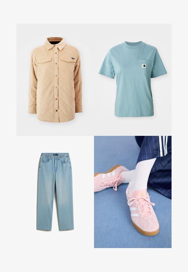 Beige corduroy overhemdjack met een gewatteerd patroon, twee borstzakken, een knoopsluiting aan de voorkant en een klein merkje op de linkerkant van de borst.; Lichtblauw katoenen T-shirt met korte mouwen en een borstzak, voorzien van een klein zwart-wit Carhartt logo patch.; Vans CINCHED CHECK - Baggy jeans - light stonewash; Lichtroze suède sneakers met witte strepen en veters, voorzien van een gestructureerde tong en een gumzool, geplaatst op een blauwe tapijt.