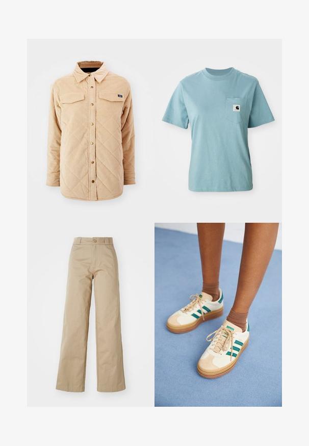 Beige corduroy overhemdjack met een gewatteerd patroon, twee borstzakken, een knoopsluiting aan de voorkant en een klein merkje op de linkerkant van de borst.; Lichtblauw katoenen T-shirt met korte mouwen en een borstzak, voorzien van een klein zwart-wit Carhartt logo patch.; Beige wijde broek van katoen, met een knoopsluiting en riemlussen, met een gladde textuur en een nette afwerking.; Beige sneakers met donkergroene strepen, rubberen zool, bovenwerk van suede en textiel, en neutrale hardware, gecombineerd met bruine sokken op een lichtblauwe ondergrond.