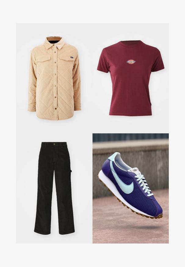 Beige corduroy skjortejakke med quiltet mønster, to brystlommer, knap lukning foran og et lille mærke på venstre bryst.; Bordeaux kortærmet t-shirt lavet af bomuld med rund halsudskæring og et lille multicoloreret "Dickies" logo på brystet.; Sorte kordfløjsbukser med et lige ben-design, der har en knaplukning og sidelommer. Glat tekstur med fine lodrette striber.; Lilla Nike sneakers med lyseblå swoosh, hvide snørebånd og gummisål, der svæver over en betonoverflade udendørs.
