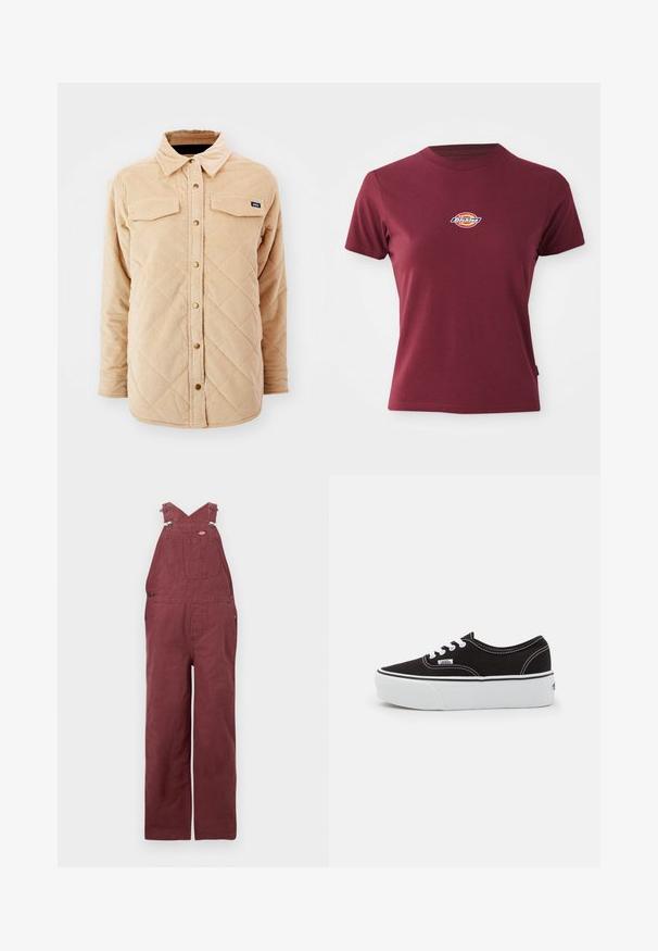 Beige corduroy skjortejakke med quiltet mønster, to brystlommer, knap lukning foran og et lille mærke på venstre bryst.; Bordeaux kortærmet t-shirt lavet af bomuld med rund halsudskæring og et lille multicoloreret "Dickies" logo på brystet.; Vinsmænds overalls lavet af bomuld, med krydsede rygstropper, forlommer og metalhardware-accenter. Glat tekstur og afslappet pasform.; Sort lærred sneakers med en hvid gummi platform sål, der har hvide snørebånd og syninger, ikonisk branding på siden, lav-top design.