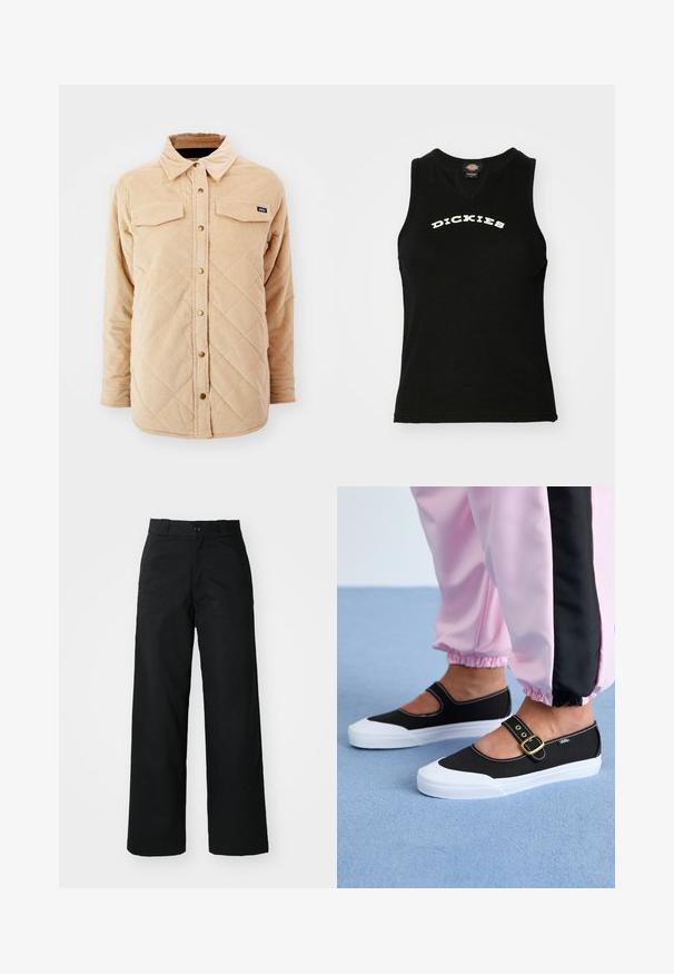 Beige corduroy skjortejakke med quiltet mønster, to brystlommer, knap lukning foran og et lille mærke på venstre bryst.; Sort ærmeløs tanktop med ribbet tekstur, prydet med et hvidt buet "DICKIES" logo på brystet og en V-halsudskæring.; Sorte vide bukser med flad front, knaplukning og bæltestropper. Fremstillet af holdbart stof med en glat tekstur.; Sorte lærredssko med en hvid sål, der har et udskæringsdesign og et guldspænde. Bæret med lyserøde træningsbukser.