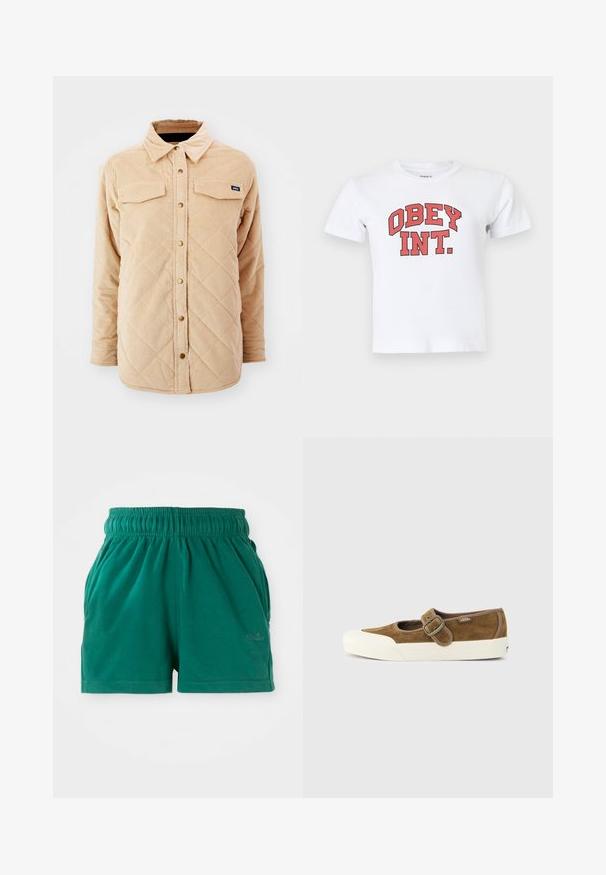 Beige corduroy skjortejakke med quiltet mønster, to brystlommer, knap lukning foran og et lille mærke på venstre bryst.; Hvid T-shirt med korte ærmer og rød fed tekst "OBEY INT." centreret foran på ensfarvet baggrund.; Grønne elastiske casual shorts med sidelommer og en diskret logo på højre ben.; Brun ruskindsneaker med hvid gummisål, der har en strop og spænde-detalje, glat tekstur og lavprofil design.