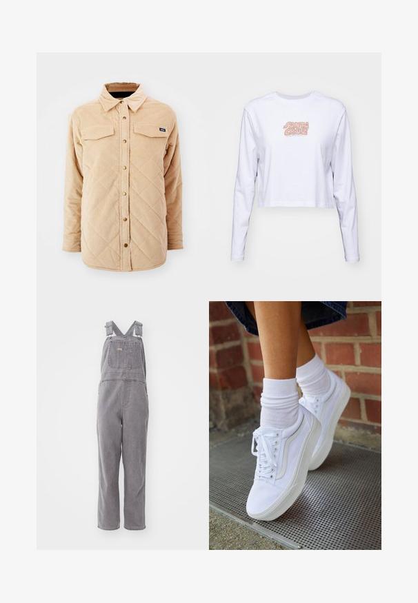Beige Kordjacke mit einem gesteppte Muster, zwei Brusttaschen, Knopfverschluss und einem kleinen Markenschild auf der linken Brust.; Weißes, langärmeliges, kurzes T-Shirt aus Baumwolle mit einem mehrfarbigen "SANTA CRUZ"-Logo auf der Brust.; Graue Denim-Overalls mit verstellbaren Trägern, einer Brusttasche und einer lockeren Passform. Sie verfügen über gerade geschnittene Beine und eine durchgehende unifarbene Gestaltung.; Weiße Leinensneaker mit Gummisohlen, ausgestattet mit sechs Ösen, runder Zehenpartie und dezenten Nähten, kombiniert mit weißen Knöchelsocken.