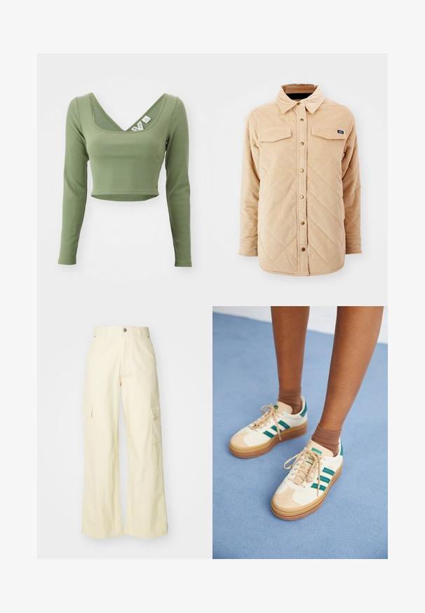 Beige corduroy-paita takki, jossa on tikattu kuvio, kaksi rintataskua, nappisulkimet ja pieni merkkilappu vasemmassa rintataskussa.; Kahaki vihreä, pitkähihainen lyhyt crop-top, jossa on ribbitekstuuri ja leveä kaula-aukko. Tunnisteet näkyvissä kauluksessa.; Housut kenguraiteilla, joissa on leveät lahkeet, vaaleankeltaista puuvillakangasta. Mukana kaksi sivutaskua ja napitus. Silkkinen pinta ja rento istuvuus.; Valkoiset lenkkarit tummanvihreillä raidoilla, kumipohjalla, mokkanahkasta ja kankaasta valmistetulla päällisellä sekä neutraalilla varustuksella, yhdistettynä ruskeisiin sukkiin vaaleansinisellä pinnalla.