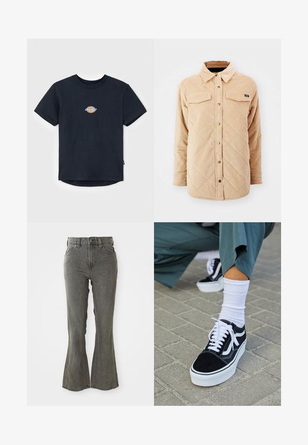 Beige Kordjacke mit einem gesteppte Muster, zwei Brusttaschen, Knopfverschluss und einem kleinen Markenschild auf der linken Brust.; Schwarzes Baumwoll-T-Shirt mit kurzen Ärmeln, Rundhalsausschnitt und einem kleinen, mehrfarbigen Logo auf der Brust. Gerader Saum mit einem leicht längeren Rücken.; Grau mit Schlag geschnittene Jeans aus Denim mit hoher Taille, Gürtelschlaufen, fünf Taschen und einem weichen, strukturierten Stofffinish.; Schwarze Wildledersneaker mit weißen Akzenten und Schnürsenkeln, ausgestattet mit einer dicken weißen Sohle und kontrastierenden Nähten, kombiniert mit einer weißen Socke.