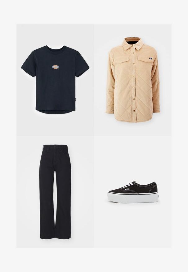 Beige corduroy overhemdjack met een gewatteerd patroon, twee borstzakken, een knoopsluiting aan de voorkant en een klein merkje op de linkerkant van de borst.; Zwarte katoenen t-shirt met korte mouwen, ronde hals, en een klein multikleurig logo op de borst. Rechte zoom met een iets langere achterkant.; Zwarte hoge taille wijdlopende jeans met een sluiting aan de voorkant met knoop en rits, ceintuurlussen en twee voorzakken op een witte achtergrond.; Zwarte canvas sneaker met een witte rubberen platformzool, voorzien van witte veters en stiksels, iconische branding op de zijkant, low-top ontwerp.