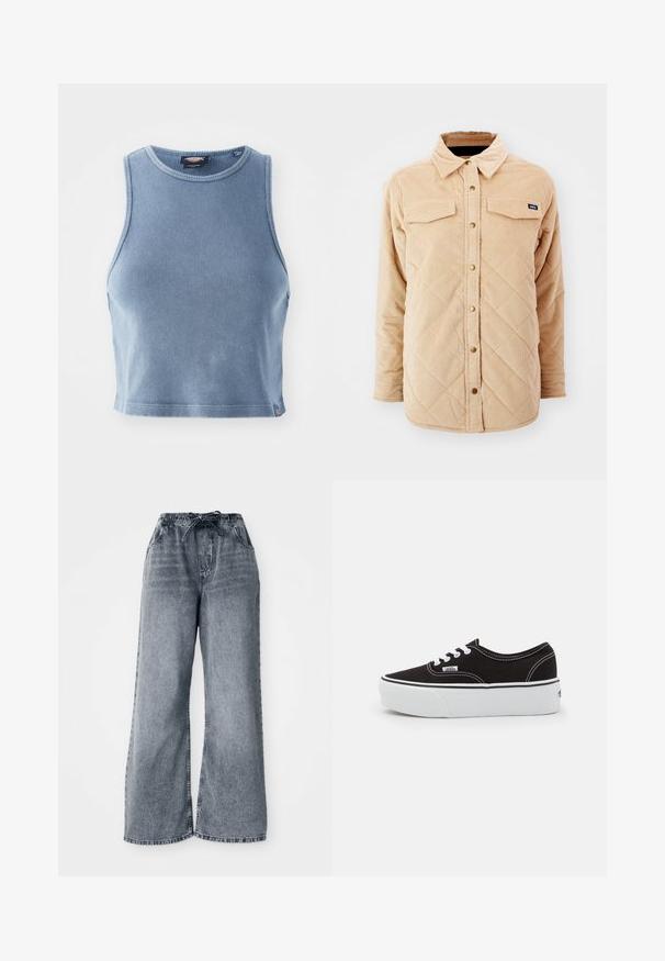 Beige Kordjacke mit einem gesteppte Muster, zwei Brusttaschen, Knopfverschluss und einem kleinen Markenschild auf der linken Brust.; Helles blaues, geripptes Crop-Top mit Rundhalsausschnitt und ärmellosem Design. Glatte Textur und ein kleines Logodetail am Saum.; Graue weit geschnittene Jeanshose aus Denim mit elastischem Bund, Kordelzugverschluss und Seitentaschen. Ausgeblichener Stoff mit durchgehendem Texturmuster.; Schwarze Leinensneaker mit einer weißen Gummiplattformsohle, weißen Schnürsenkeln und Nähten, ikonischer Markenaufdruck an der Seite, im Low-Top-Design.