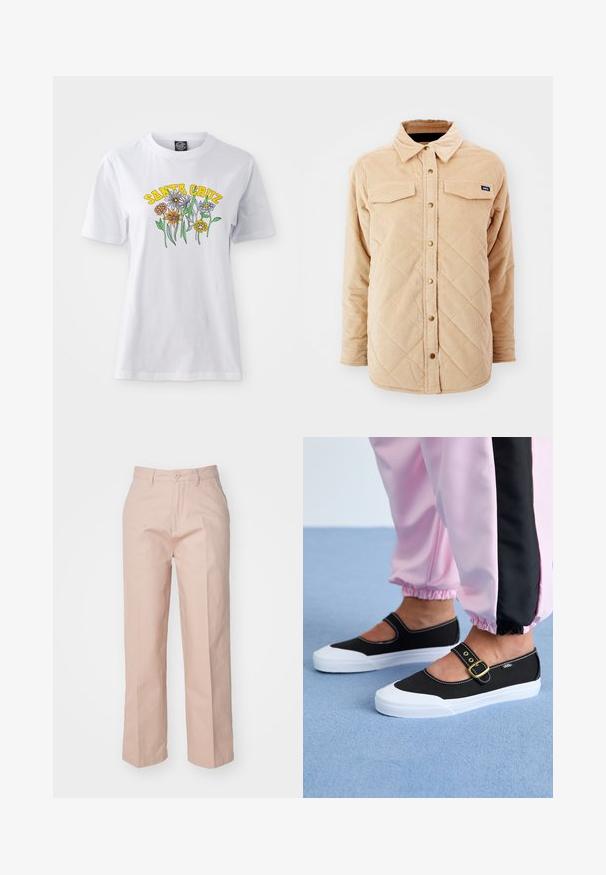 Camisa chaqueta de borlas en color beige con un patrón acolchado, dos bolsillos en el pecho, cierre frontal con botones y una pequeña etiqueta de la marca en el lado izquierdo del pecho.; Camiseta de algodón blanca con un colorido diseño floral y el texto "SANTA CRUZ" en amarillo, escote redondo, mangas cortas y un ajuste relajado.; Pantalones de tiro alto en color rosa claro, confeccionados con una mezcla de algodón. Presentan un cierre frontal con botón, piernas rectas y bolsillos tradicionales.; Zapatillas de lona negras con suela blanca, con un diseño recortado y una correa con hebilla dorada. Combinadas con pantalones de chándal rosas.
