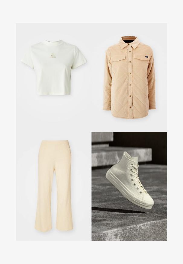 Beige Kordjacke mit einem gesteppte Muster, zwei Brusttaschen, Knopfverschluss und einem kleinen Markenschild auf der linken Brust.; Kurzes weißes cropped T-Shirt mit einem kleinen beigen Nike ACG Logo, das zentriert unter dem Ausschnitt platziert ist.; Hellbeige weit geschnittene Hose aus strukturiertem Stoff mit einem elastischen Taillenbund und zwei Seitentaschen.; Weißer High-Top-Sneaker mit strukturiertem Muster, geschnürt, schwebt über grauen Betontreppen und wirft einen Schatten darunter.