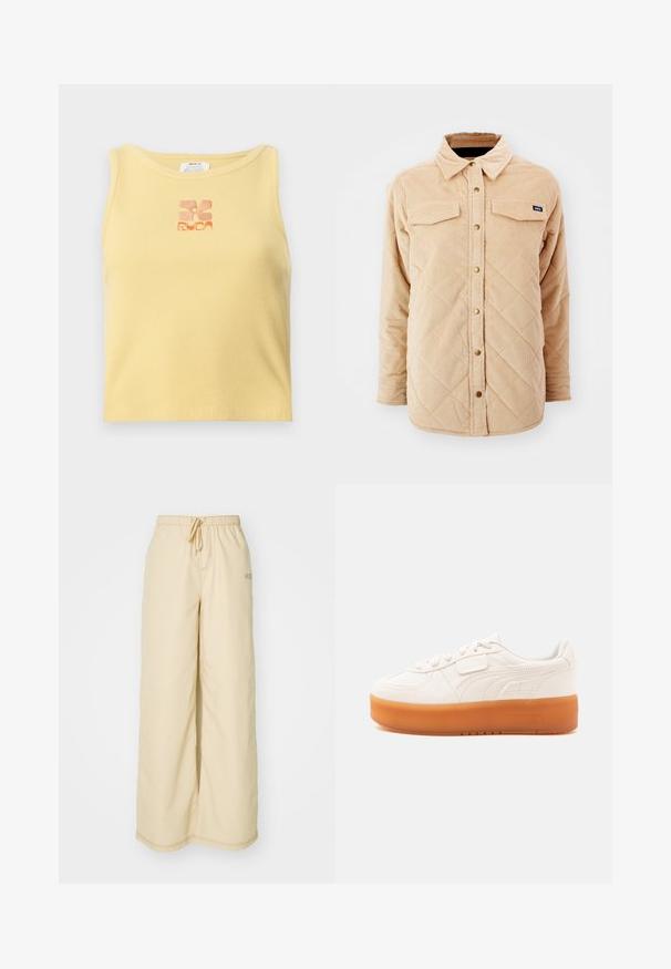 Veste chemise en velours côtelé beige avec un motif matelassé, deux poches poitrine, fermeture à boutons à l'avant et une petite étiquette de marque sur la poitrine gauche.; Débardeur jaune à côtes avec un petit logo floral brodé en orange au centre. Design simple, sans manches, avec un col rond.; Pantalons larges beiges en tissu doux, avec une taille élastique dotée d'un cordon de serrage, des poches latérales et des détails de couture subtils.; Basket basse blanche avec fermeture lacets et velcro, dotée d’une semelle épaisse marron clair et de détails de coutures latérales subtiles.