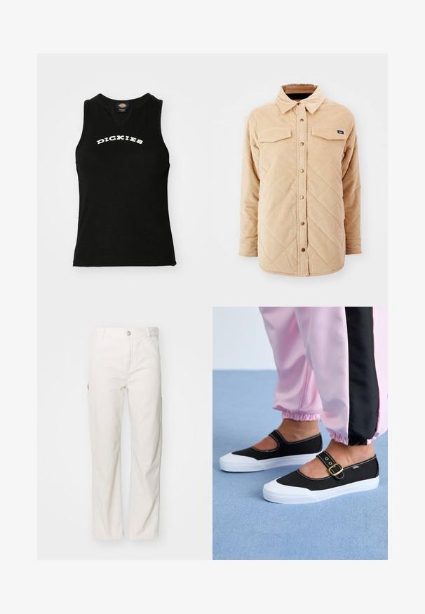 Beige corduroy-paita takki, jossa on tikattu kuvio, kaksi rintataskua, nappisulkimet ja pieni merkkilappu vasemmassa rintataskussa.; Musta ilmanhiha tanktoppi, jossa on vammattua tekstiä, ja rinnassa valkoinen kaareva "DICKIES"-logo sekä V-pääntie.; Valkoiset puuvillaiset cargo-housut, joissa on suora lahje-muotoilu, sivutaskut ja nappikiinnitys vyötäröllä. Sujuva rakenne.; Mustat kangaskengät valkoisella pohjalla, joissa on leikattu muotoilu ja kultainen solkemainen remmi. Yhdistetty vaaleanpunaisten treenihousujen kanssa.