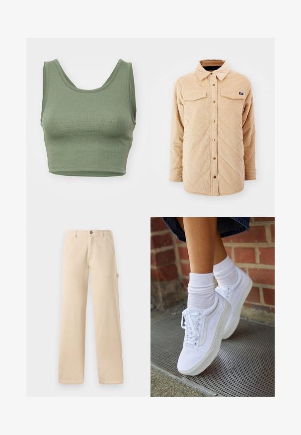 Veste chemise en velours côtelé beige avec un motif matelassé, deux poches poitrine, fermeture à boutons à l'avant et une petite étiquette de marque sur la poitrine gauche.; Top tank court vert olive en tissu côtelé, avec un décolleté arrondi et de larges bretelles.; Pantalons en velours côtelé beige avec une coupe large, texture à côtes verticales, poches avant et détail de bouton sur le côté.; Baskets en toile blanches avec semelles en caoutchouc, dotées de six œillets, d'un bout rond et de détails de couture légers, portées avec des chaussettes blanches mi-mollet.