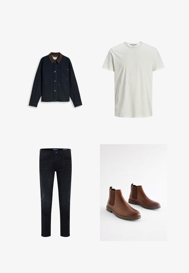 Dunkelblaue Jeansjacke mit braunem Kragen, Knopfverschluss und drei Vordertaschen, flach auf weißem Hintergrund ausgelegt.; Weißes kurzärmeliges T-Shirt aus Bio-Baumwolle. Mit Rundhalsausschnitt und lockerer Passform, aus einem einfachen, glatten Material.; Dunkelblaue Jeans aus Denim mit schmaler Passform, sichtbaren Nähten, Standard-Design mit fünf Taschen und Knopfleiste an der Taille.; Braune Leder-Stiefeletten mit elastischen seitlichen Einsätzen, einer abgerundeten Spitze und einem gestapelten Absatz. Glatte Textur mit kontrastierenden braunen Akzenten.