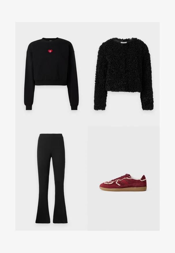 Zwarte, cropped trui gemaakt van textiel met een fuzzy afwerking. Lange mouwen en een ronde halslijn, die een zachte, warme uitstraling biedt.; Zwarte cropped sweatshirt met lange mouwen, geribde manchetten en een rode hartpatch met de tekst "LOVE YOU CLUB" op de borst.; Zwarte geribbelde flare pants met een hoge taille. Zacht, elastisch materiaal zorgt voor een aansluitende silhouet en een flared onderkant voor stijl en comfort.; Rode suède sneaker met crèmekleurige stiksels en accenten, rubberen zool, gestructureerde details en een laag profiel ontwerp.
