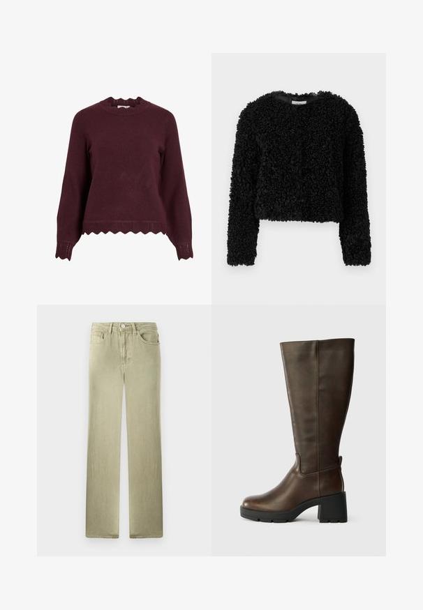 Zwarte, cropped trui gemaakt van textiel met een fuzzy afwerking. Lange mouwen en een ronde halslijn, die een zachte, warme uitstraling biedt.; Bordeaux gebreide trui met lange mouwen, gegolfde halslijn en een geavanceerde zoom met een zigzagpatroon. Zacht materiaal, aansluitend ontwerp.; Beige rechte spijkerbroek met voor- en achterzakken, knoop- en ritssluiting, gepresenteerd tegen een witte achtergrond.; Bruine leren kniehoogte laars met een chunky zwarte hak en een gestructureerde afwerking. Heeft een ronde neus en subtiele zijnaaddetails.