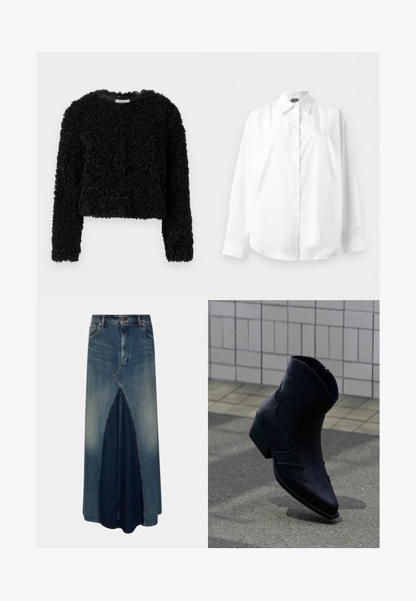 Suéter negro corto hecho de un tejido texturizado con un acabado peludo. Mangas largas y un escote redondo, ofreciendo un aspecto suave y cálido.; Camisa blanca de manga larga con botones y cuello puntiagudo, mostrada extendida sobre un fondo blanco liso.; Falda maxi de mezclilla azul con pliegue invertido frontal, pasadores para cinturón, cierre de botón y cremallera, y detalles de lavado desgastado.; Botín de cuero negro con tacón bajo, costuras decorativas y punta afilada, colocado de pie sobre una superficie pavimentada junto a una pared con azulejos.