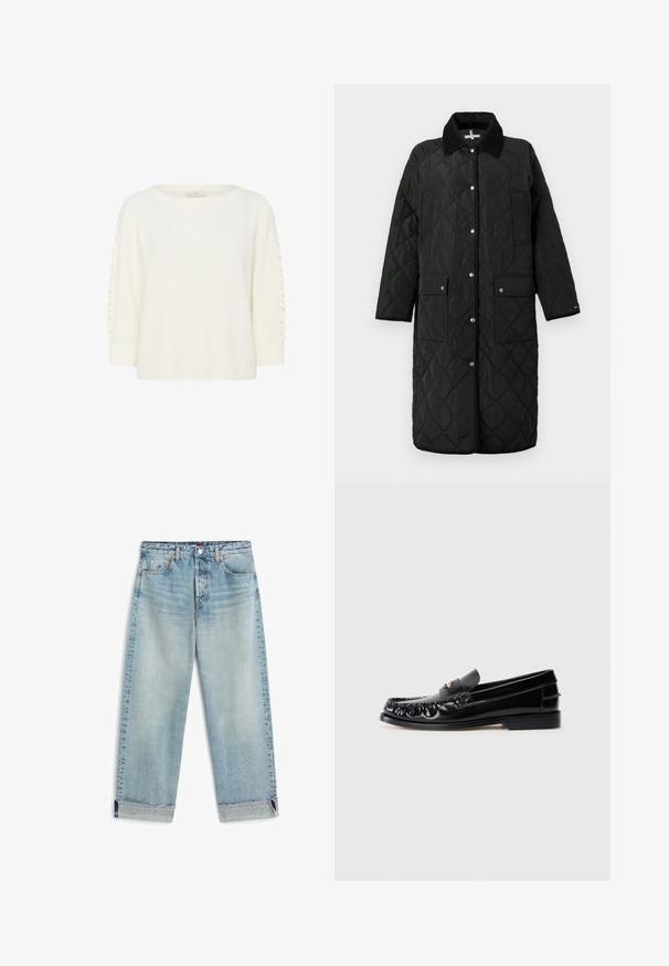 Sort quiltet lang frakke med krave, trykknapper og to forlommer. Har diamantmønster og kontrasterende sort kant langs kanterne.; Kaffe KABETTY - Striktrøje - chalk cc; Lyseblå, falmede jeans med lige ben og op rullede ærmekanter, for- og baglommer, knaplukning og lille logo på forlommet.; Sorte læder loafers med rund tå, dekorativ sying og en lille gul accent på vampen. Flad gummisål, slankt design.