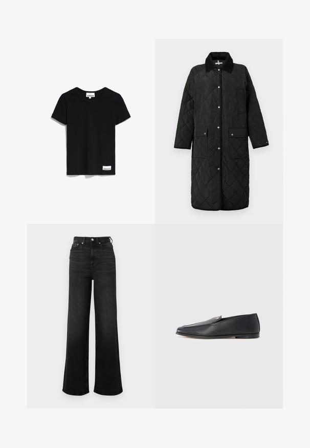 Abrigo largo acolchado negro con cuello, botones a presión y dos bolsillos delanteros. Presenta un patrón de rombos y un ribete negro contrastante en los bordes.; Camiseta de manga corta negra hecha de suave tela de algodón. Presenta un cuello redondo y una pequeña etiqueta en la parte inferior con el texto "ARMEDANGELS".; Jeans de mezclilla negra de pierna ancha con cintura alta, que cuentan con cinco bolsillos y detalles de herrajes metálicos. Textura suave y desgaste mínimo.; Mocasines de cuero negro con textura suave, punta redondeada y detalles de costura sutiles. Presentan un acento de logo dorado en el lateral superior.