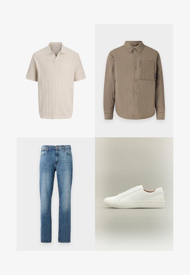 Chemise à manches longues marron clair avec fermeture à boutons-pression, grande poche carrée sur la poitrine et col pointu sur fond uni.; Polo en tricot beige à manches courtes avec motif côtelé vertical et col en V ouvert, étiqueté "JACK & JONES".; Jean en denim bleu à jambe droite avec cinq poches, fermeture par bouton et zip, présenté sur un fond blanc uni.; Baskets blanches basses avec fermeture à lacets et semelle plate, vues de côté sur un fond neutre.