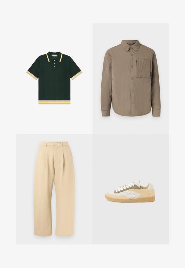 Chemise à manches longues marron clair avec fermeture à boutons-pression, grande poche carrée sur la poitrine et col pointu sur fond uni.; Polo en maille vert foncé à manches courtes avec des rayures jaunes et beiges sur le col, les poignets et l'ourlet, avec trois boutons à la patte de boutonnage.; Pantalon beige taille haute à jambes larges avec passants pour ceinture, fermeture à boutons à l'avant, et poches latérales sur un fond clair.; Baskets basses en daim beige, panneaux en maille blanche, accents olive, lacets blancs et semelle en caoutchouc naturel sur fond gris clair.
