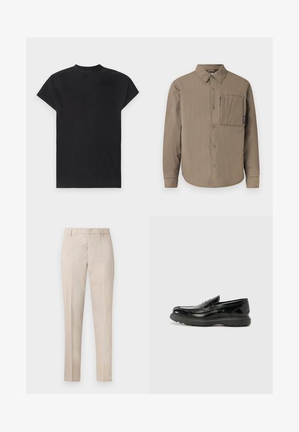 Lichtbruine, lange mouwen, shirt met drukknoopsluiting, grote vierkante borstzak en puntkraag op effen achtergrond.; Won Hundred CREED - T-shirt basic - black; Beige rechte broek met lussen voor een riem, een verborgen voorzijde sluiting en voorplooien.; Zwarte leren instapper met een glanzende afwerking, een ronde neus, subtiele stiksels en een dikke rubberen zool voor duurzaamheid.