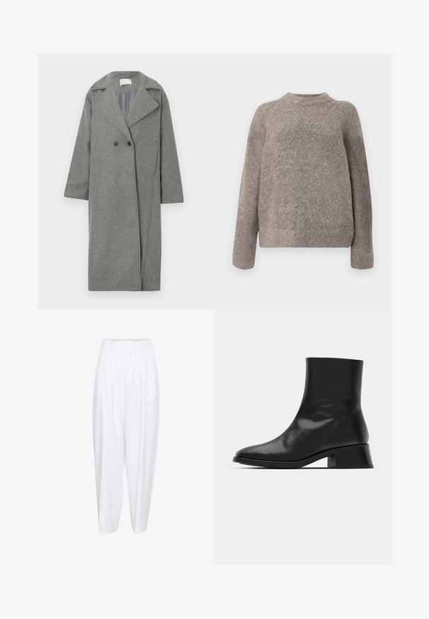 Grå uldblandingsfrakke med dobbeltradet design, brede revers og ærmer i mellemlængde. Har to sorte knapper og en glat inderside.; Grå, tekstureret sweater med rund halsudskæring og lange ærmer, der har en løs pasform og blødt strikket materiale. Ingen synlige mønstre eller detaljer.; Hvide linned bukser med høj talje, der har frontfolder og en afslappet silhuet, der smalner ind mod anklen. Glat tekstur, ingen mønstre.; Sort ankelstøvle lavet af blank læder, med et strømlinet design, spids tå og en moderat blokhælhøjde for stabilitet.