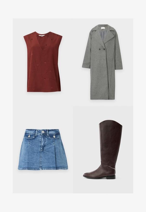 Manteau en mélange de laine gris avec un design à double boutonnage, revers larges et manches de longueur intermédiaire. Comprend deux boutons noirs et une doublure intérieure lisse.; Haut sans manches couleur rouille avec un motif à pois subtil, col en V, coupe ample et droite sur un fond clair uni.; Mini-jupe en denim bleu avec bouton frontal, fermeture éclair, deux poches à rabat boutonnées et passants pour ceinture.; Botte en cuir marron foncé montant jusqu'au genou, avec un talon plat et un petit charm argenté décoratif près de la cheville sur fond blanc.