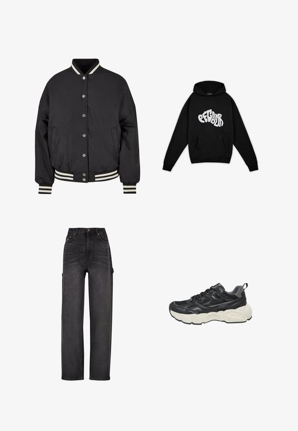 Čierna bomber bunda s bielymi pruhmi na rebrovanom golieri a manžetách. Obsahuje patentky a bočné vrecká, navrhnutá s tvarovaným strihom.; Pegador PALUMA OVERSIZED HOODIE - Mikina - black; Džínsy s vysokým pásom v čiernom denimovom materiáli, s širokými nohavicami, bočnými vreckami a jemnými detailmi na vyblednutí. Odolná tkanina a kontrastné švy.; Čierna športová obuv s textilným vrchom, koženými akcentmi, hrubou krémovou podrážkou a šnurovaním so sťahovacou pätou.