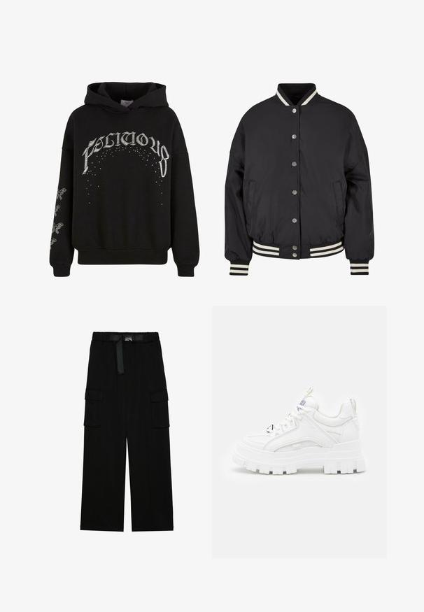 Veste bomber noire avec col et poignets côtelés rayés blancs. Présente des boutons-pression et des poches latérales, conçue avec une coupe structurée.; Sweat à capuche noir en tissu doux, arborant des textes et motifs imprimés en blanc, avec des détails accentués sur les manches.; Pantalons cargo noirs avec une coupe large, taille élastique avec une ceinture, et deux grandes poches latérales pour le rangement.; Baskets blanches chunky avec une tige texturée, un col rembourré et une semelle épaisse à stries. Présente des lacets noirs contrastants et un détail de marque.