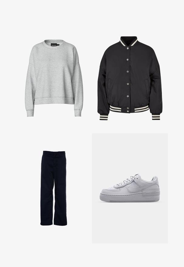 Sort bomberjakke med hvide striber i ribkant ved kraven og mancherne. Har trykknapper og sidelommer, designet med en struktureret pasform.; Grå sweatshirt med rund halsudskæring og nedskuldrede skuldre. Fremstillet af blødt stof, har en cropped design og ribbede manchetter. Enkel mærkat ved kraven.; Marineblå bomuldsbukser med lige ben-design, der har en talje og bæltestropper, uden synlige lommer eller mønstre.; Grå Nike Air Force 1 sneakers med perforeret tå, glat læderoverdel, tyk sål og præget 'AIR' detalje på hælen.