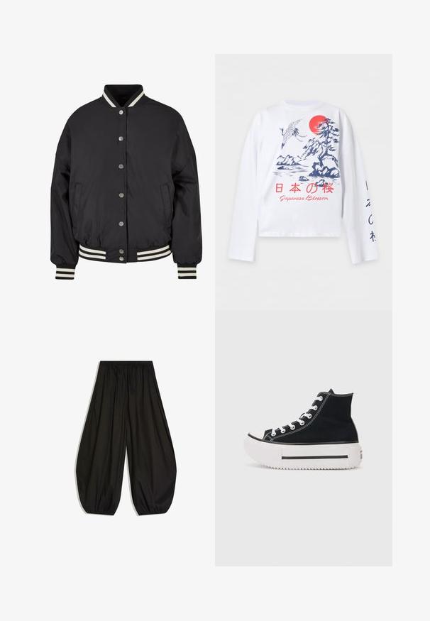 Schwarze Bomberjacke mit weißen gestreiften Ripp-kragen und -bündchen. Verfügt über Druckknöpfe und seitliche Taschen, entworfen mit einer strukturierten Passform.; Weißes Langarmhemd mit blauem japanischem Landschaftsmotiv, roter Sonne, Kranich und rotem Text "Japanese Blossom" in Englisch und japanischen Schriftzeichen.; Locker sitzende schwarze Hose mit gerafftem elastischem Bund und elastischen Bündchen, die eine ballonartige Silhouette erzeugt.; Schwarze High-Top-Sneaker aus Canvas, mit weißen Nähten, Gummikappe, dicker weißer Plateausohle und schwarzen Streifen-Details.