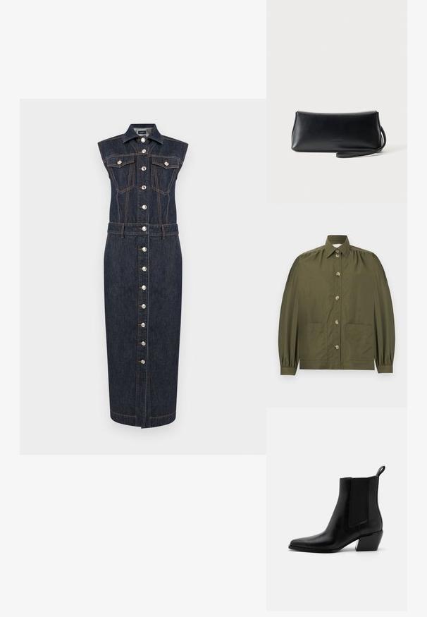Chemise boutonnée vert olive avec manches longues bouffantes, deux poches avant et un col pointu.; Robe midi en denim foncé sans manches avec fermeture à boutons sur le devant, deux poches à rabat sur la poitrine, un col et des surpiqûres contrastantes orange.; Bottines en cuir noir avec un bout pointu, des panneaux élastiques sur les côtés et un petit talon carré. Elles disposent d'une languette au talon pour un enfilage facile.; Pochette en cuir noir lisse avec une fine lanière de poignet, forme rectangulaire, et logo embossé subtil centré sur le devant.
