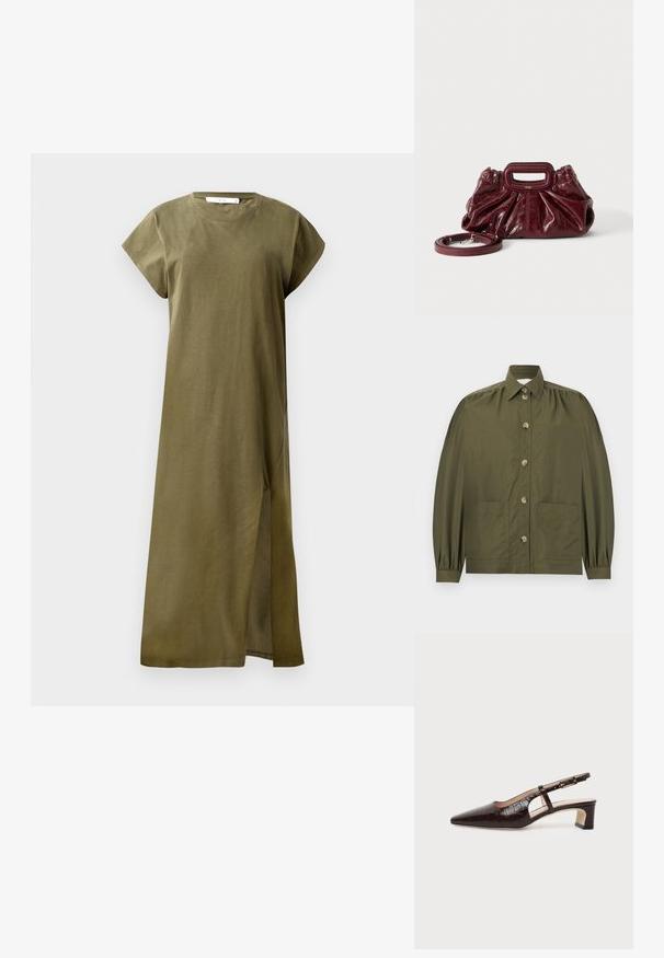 Olijfgroene blouse met knopen, lange opgeblazen mouwen, twee voorkantzakken en een puntige kraag.; Olijfgroene jurk tot de knie, gemaakt van zachte katoen, met korte mouwen, ronde halslijn en een zijsplit voor bewegingsvrijheid. Eenvoudig en onversierd ontwerp.; Donkerbruine slingback schoen van krokodillenleer met een puntige neus, lage blokhak en verstelbare gouden gesp.; Kleine donkerrode leren handtas met geplooide textuur, rechthoekig handvat met uitsparing en afneembare schouderriem tegen een witte achtergrond.