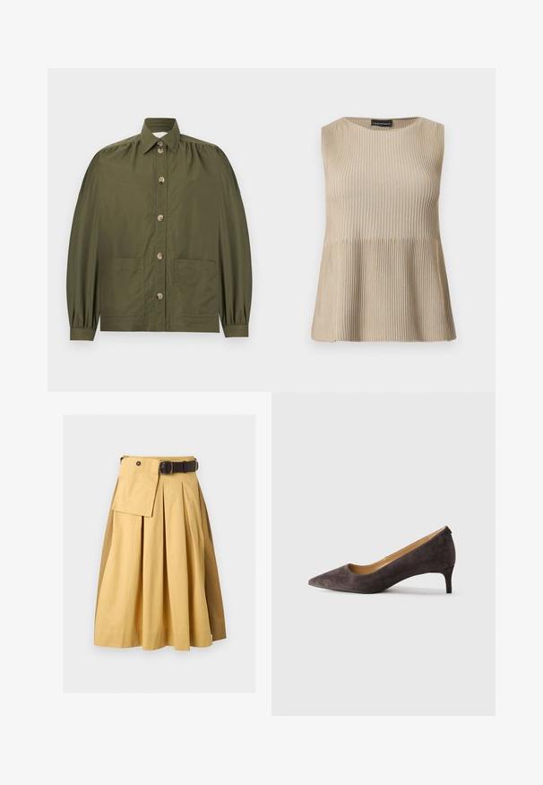 Olivengrøn skjorte med knapper, lange puffede ærmer, to forlommer og spidst krave.; Ærmeløs beige ribstrikket top med rund halsudskæring og udvidet kant, vist på en hvid baggrund.; Beige plisseret midi nederdel med asymmetrisk flapdetalje og mørkebrun bælte med rektangulær metalspænde.; Mørkebrun ruskind stiletto-pumps med spids tå og lav hæl, med en slank hæl og glat tan indvendig foring, vist i profil på en neutral baggrund.