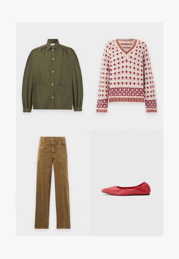 Olijfgroene blouse met knopen, lange opgeblazen mouwen, twee voorkantzakken en een puntige kraag.; Gebreide V-hals trui met een rood en lichtblauw diamanten patroon en gestreepte boorden en zoom op een crèmekleurige achtergrond.; Bruine corduroy broek met een recht ontwerp, voorzien van zijzakken en zichtbare stiksels langs de naden. Geverfd katoen met smalle ribbels.; Filippa K REY FLATS - Ballerina's - bright red