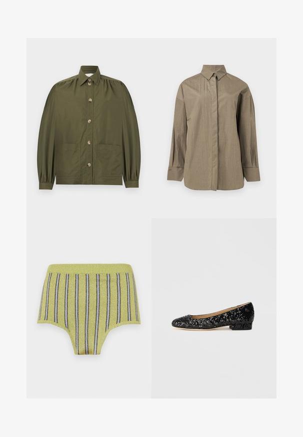 Olivengrøn skjorte med knapper, lange puffede ærmer, to forlommer og spidst krave.; Oversized langærmet beige skjorte med spids krave, skjulte knapper foran og rynkede manchetter.; Gule ribbede briefs med skinnende guldtråde og lodrette blå og brune striber. Har en bred elastisk talje og en glat tekstur.; Sorte lavhælede damesko dækket af skinnende pailletter med en rund tå og en lille stablet hæl, set fra siden på en hvid baggrund.