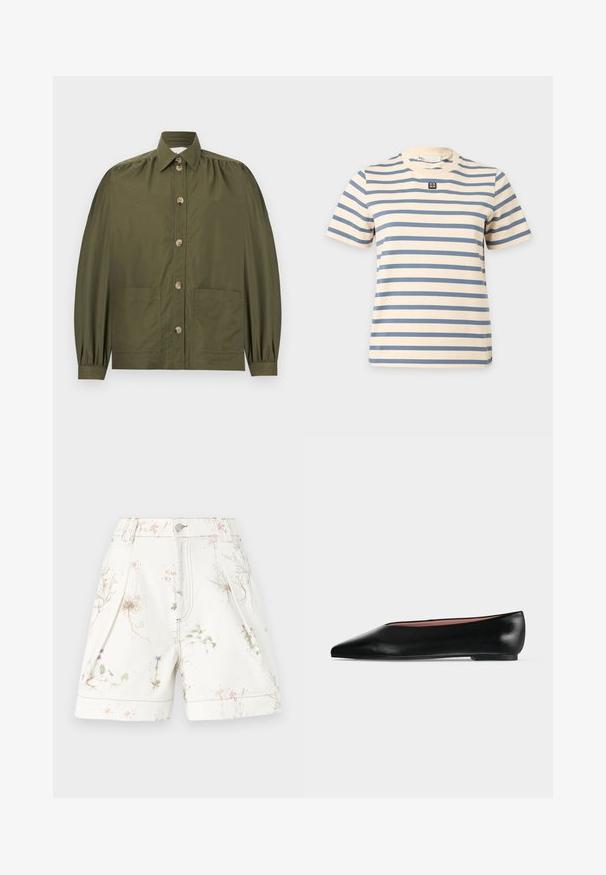 Olijfgroene blouse met knopen, lange opgeblazen mouwen, twee voorkantzakken en een puntige kraag.; Crèmekleurig T-shirt met korte mouwen, horizontale blauwe strepen en een klein zwart-wit vierkant logo in het midden van de borst.; Witte shorts met bloemenprint in roze en blauw. Gemaakt van katoen, met zijzakken en een knoopsluiting. Algehele textuurdesign.; Zwarte leren damesschoen met platte zool, puntige neus en lage hak, zijwaarts afgebeeld tegen een effen lichtgrijze achtergrond.