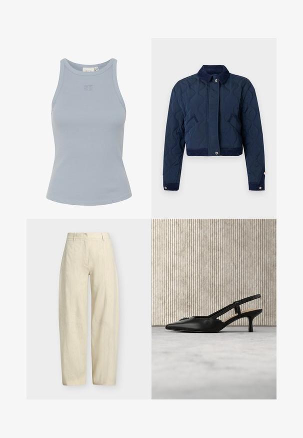Tumesinine tikandiga jope „veluurkraega“, esikinnis pressidega, küljetaskud ja trukikinnitusega mansetid, lühike palistatud äär.; Hea sinine ilma varrukateta ribakujuline tank top, millel on ümmargune dekoltee ja väike logo tikand keskel. Sile tekstuur, tihe siluett.; Beežid laiade säärtega püksid vööaasade, esise tõmblukuga ja õmbluse detailidega põlvede kohal, esitatud lihtsal taustal.; Must kitsa kontsaga slingback-kinga terava varbaotsaga ja metallist logodetailiga, hõljumas läikiva pinna ja metallriiuli lähedal, millel on paberid.