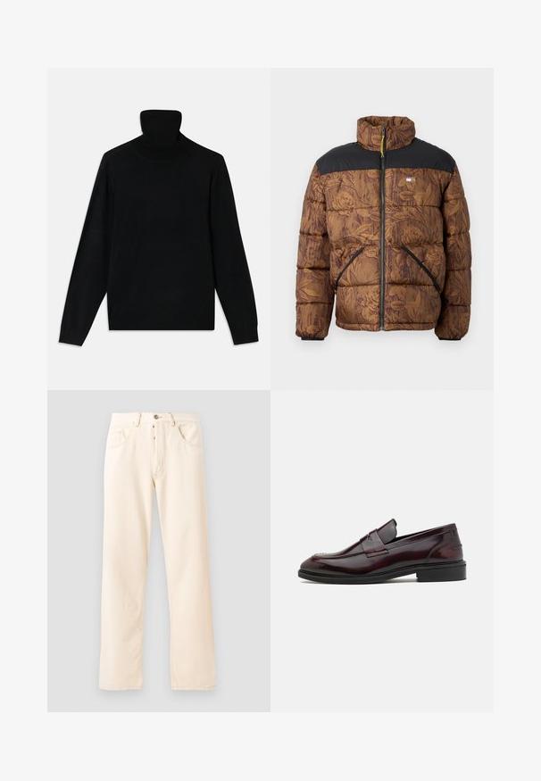 Brun pufferjakke med blomsterdesign, sort øverste sektion, høj krave, frontlynlås og to sidelommer med sort kant.; Sort turtleneck sweater, lavet af blødt strikstof, med lange ærmer og en figursyet silhuet. Simpelt design, ingen synlige mønstre eller accenter.; Lys beige denim jeans med en lige ben design, fem lommer og en frontlukning med knap. Syninger synlige langs sømmene.; Bordeaux læder loafers med en glat finish, rektangulær frontdetalje og en afrundet tå, med en sort gummisål.