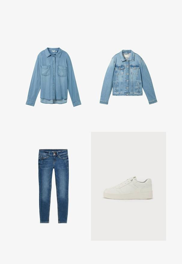 Lyseblå denimjakke med lange ærmer, knaplukning fortil, to brystlommer og en klassisk krave. Har en let falmet struktur.; Lysblå denimskjorte med lange ærmer, knaplukning og to forlommer. Har en klassisk krave og en let buet kant.; Blå denim skinny jeans med en glat tekstur, fem-lommers design, kobbernitter detaljer og kontrastfuld orange syning.; Hvide sneakers med en glat læderoverflade, rund tå, seks snørrehuller, polstret krave og struktureret gummisål. Diskret mærkelogo på siden.
