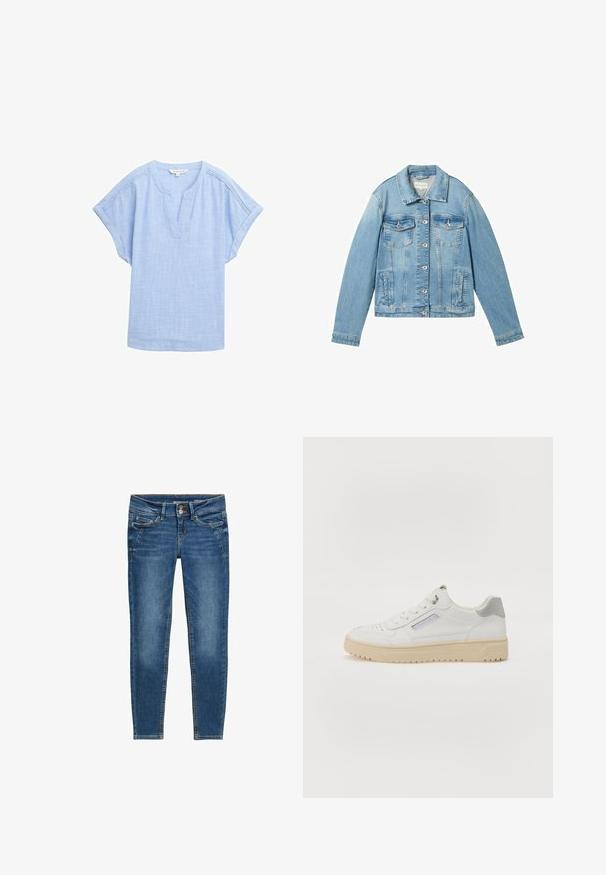 Chaqueta de mezclilla azul claro con mangas largas, cierre de botones, dos bolsillos en el pecho y un cuello clásico. Presenta una textura ligeramente desgastada.; Camisa corta de manga en azul claro hecha de una tela transpirable, con escote en forma de V y un sutil patrón texturizado en toda la prenda.; Jeans ajustados de mezclilla azul con una textura suave, diseño de cinco bolsillos, acentos de remaches de cobre y costuras naranjas contrastantes.; Zapatillas blancas para hombres con una textura suave, detalles en gris, puntera redonda y suela de goma beige. Presentan una etiqueta lateral y detalles perforados.