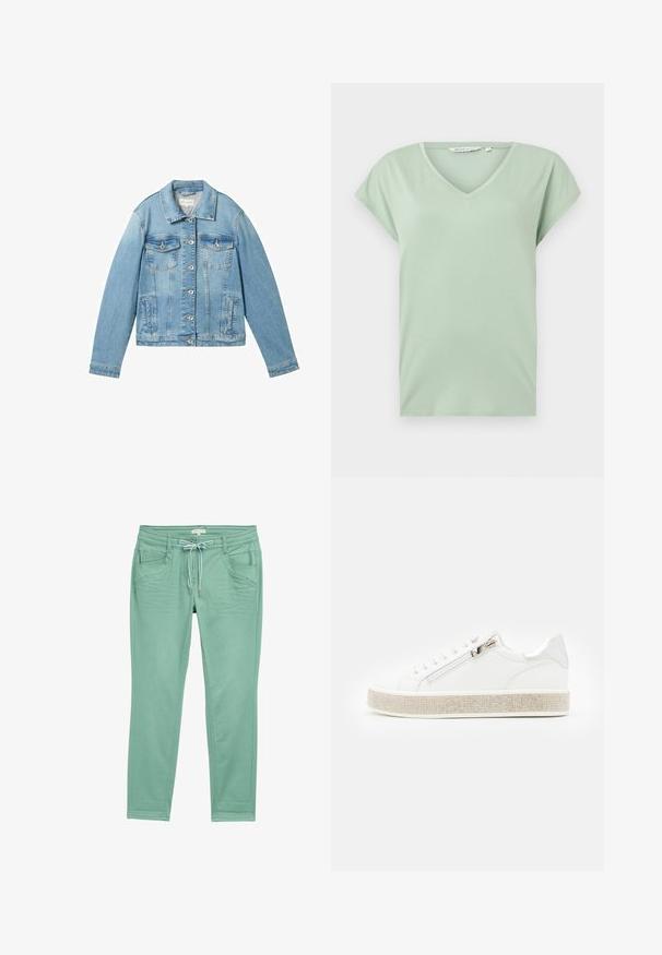 Lyseblå denimjakke med lange ærmer, knaplukning fortil, to brystlommer og en klassisk krave. Har en let falmet struktur.; Mintgrøn V-hals T-shirt med korte ærmer, lavet af blødt stof, med en afslappet pasform og uden mønstre eller synlig hardware.; Mintgrønne bukser lavet af blødt stof, med snørelukning i taljen, to frontlommer og diskrete stikninger langs sidesømmene.; Hvide sneakers med en struktureret sål, metallisk accent og sidelukning. Har flade snørebånd og en glat overdel med minimalistisk design.