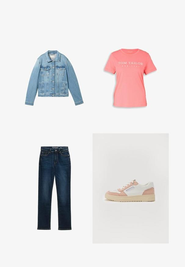 Lichtblauwe spijkerjack met lange mouwen, knoopsluiting aan de voorkant, twee borstzakken en een klassieke kraag. Kenmerkt zich door een iets vervaagde textuur.; Koraalroze T-shirt met korte mouwen, een ronde hals en witte tekst "TOM TAILOR EST-1962" gedrukt op de voorkant.; Donkerblauwe rechte jeans van denim, met vijf zakken, een metalen knoopsluiting en contrasterende stiknaden. Geen zichtbare slijtage.; Witte en roze sneaker van glad leer en suède, met een ronde neus, platte zool en tonale veters. Bevat een zijbrandingdetail.