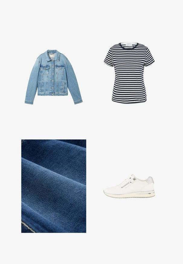 Lyseblå denimjakke med lange ærmer, knaplukning fortil, to brystlommer og en klassisk krave. Har en let falmet struktur.; Marineblå og hvid stribet t-shirt lavet af økologisk bomuld, med rund halsudskæring og korte ærmer, samt en lige kant forneden.; Mørkeblå denim stof med en glat tekstur, synlig vævning og subtil stræk. Har svage syninger langs kanterne.; Hvid low-top sneaker med lynlås i siden, snørebånd foran, tekstureret stof og sølvdetaljer på hælen og sålen.